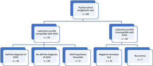 Identification of patients with a positive direct antiglobulin test and definition of Groups A and B that constitute the participants in this study.
