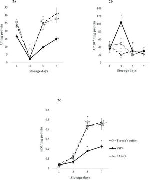 Antioxidant defenses in different storage solutions. Values are means ± standard error (SE) of the platelets of five animals per group. Two-way ANOVA was applied between the groups (storage days) and sub groups (storage solutions) followed by Bonferroni