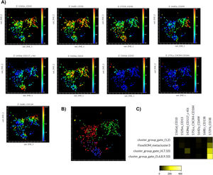 Multidimensional analysis from manual gating from hematopoietic stem cells CD45dim/CD34+ populations in the apheresis bag. A) opt-SNE visualization from manual gating; B) opt-SNE map with the FlowSOM Metaclusters Dot Overlays, Cytobank v 10.1 Sample 19. (opt-SNE/ FowSOM).