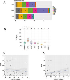 (A) Number of mutations per sample. (B) Median variant allele frequency (VAF) and top mutations identified. (C) and (D) Analysis of the linear correlation between the depth of NGS coverage and VAF in ctDNA1 and ctDNA2, respectively. (C) ctDNA1 and VAF (R = −0.11, p-value = 0.51), indicates a negative correlation between depth and VAF, and not statistically significant. (D) ctDNA2 and VAF (R = 0.32, p-value = 0.041), indicates a positive correlation with statistical difference (p-value <0.05).