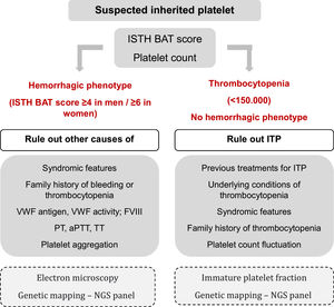 Institutional work-up for the diagnosis of inherited platelet disorders ISTH BAT: International Society on Thrombosis and Haemostasis bleeding assessment tool; ITP: immune thrombocytopenia; MPV: mean platelet volume; NGS panel: next-generation sequencing panel; VWF: von Willebrand factor; FVIII: factor VIII; PT: prothrombin time; aPTT: partial thromboplastin time; TT: thrombin time. Other possible tests that were not available in the institution at the time of this study have been highlighted in the dashed boxes.