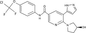 Chemical structure of asciminib, a first-in-class Specifically Targeting the ABL Myristoyl Pocket inhibitor. Structurally, asciminib features a dichlorodifluoromethoxyphenyl moiety coupled to an amide-linked central phenyl ring. This central scaffold is conjugated to a pyrimidine ring, which is further substituted with a piperidine ring bearing a terminal hydroxy group. Unlike traditional ATP-competitive TKIs, asciminib functions through allosteric inhibition by mimicking the regulatory myristoylated N-terminus of ABL1. This restores the autoinhibitory conformation of the kinase, a mechanism typically lost following the BCR::ABL1 oncogenic fusion, thereby providing a potent therapeutic alternative for patients with acquired TKI resistance [13].