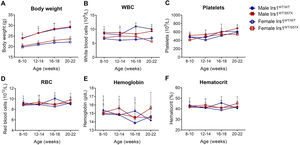 Body weight and peripheral blood hematological profile in Irs1 mice: serial evaluation. (A) Body weight. (B) White blood cell count (WBC - 109/L). (C) Platelets (109/L). (D) Red blood cell count (RBC - 1012/L). (E) Hemoglobin level (Hb - g/dL). (F) Hematocrit (Hct - %). Two-way ANOVA test and Tukey post-test; p-values are indicated in the graphs. Irs1WT/WT (wild-type), Irs1WT/S57X (heterozygous).