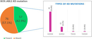 Frequency and types of BCR::ABL1 kinase domain mutations in the study population.
