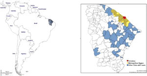 1: Geographical map of South America showing the location of Brazil and the State of Ceará. 2: Geographical map of the State of Ceará, showing the municipalities from which the patients originated.