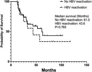 Overall survival according to hepatitis B virus (HBV) reactivation status. Kaplan–Meier curves show no significant difference in overall survival between patients with and without HBV reactivation (p = 0.765).