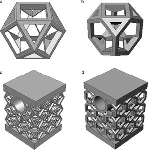 Isometric views of unit: (a) cub-octahedral and (b) hexagonal cell structure and 3D CAD model of test body designed with (a): (c) cub-octahedral and (d) hexagonal cellular internal topology.