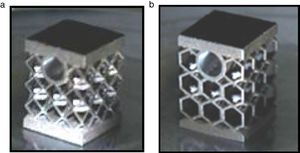 Specimens manufactured by SLM with: (a) cub-octahedral and (b) hexagonal cellular internal topologies.