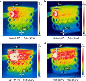 Thermography machine images for the cub-octahedral topology elapsed: (a) 15 and (c) 45s after heat source application and on the hexagonal topology elapsed: (b) 15 and (d) 45s after heat source application.