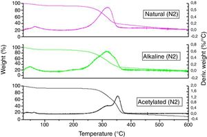 TG and DTG analysis in N2, samples of natural, alkaline and acetylated bamboo.