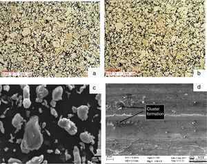 SEM images of (a) stir cast, (b) squeeze casting of AA7050-graphene composite material, (c) 6000× magnification of the composite containing 0.3wt% of graphene and (d) 0.7wt% of graphene in the composite.