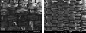 Woven structures observed by SEM. (A) PET fabric; (B) PET-LP fabric.