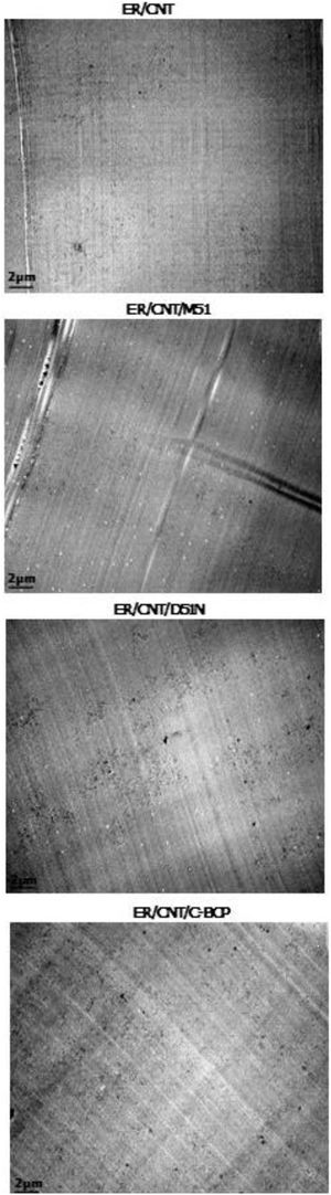 TEM images of nanocomposites ER/CNT, ER/CNT/M51, ER/CNT/D51N and ER/CNT/C-BCP with a magnification of 6000×.