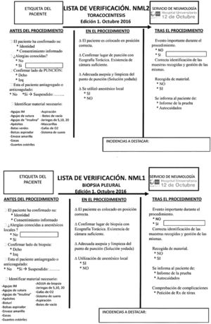 Listas de verificación (checklist) para la realización de toracocentesis y biopsia pleural cerrada.