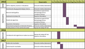 Cronograma seguido para la implementación de medidas para la adecuación de la demanda de pruebas bioquímicas relacionadas con la anemia en Atención Primaria.
