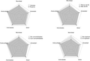 Puntuaciones de la encuesta EQ-5D en los diferentes subgrupos; cada línea representa un nivel de afectación, desde leve hasta severa.
