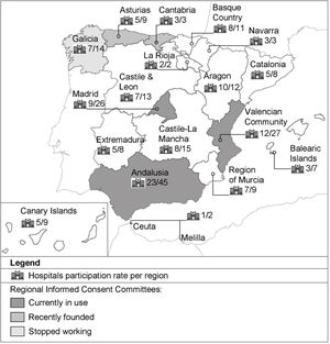 Geographical location of regional informed consent committees and the sample hospitals.