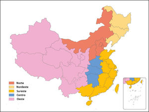 Mapa con la distribución de las 5 regiones principales en China: Norte, Nordeste, Sureste, Centro y Oeste.