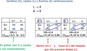 Tanto gen G como lípidos altos L provocan eventos cardiovasculares E. A la izquierda, en toda la población, no hay relación entre gen y nivel de lípidos, variables previas a los eventos E. A la derecha, relación negativa entre G y L, variables previas, si sobre-seleccionamos según una variable posterior, presentar o no un evento cardiovascular -y terminar, o no, en un centro sanitario.