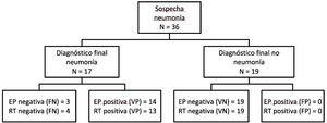 Diagrama de flujo de diagnóstico por EP y RT. EP: ecografía pulmonar, RT: radiografía de tórax, FN: falsos negativos, FP: falsos positivos, VP: verdaderos positivos, VN: verdaderos negativos.