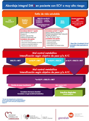 Algoritmo de abordaje integral DM2 en paciente con ECV o muy alto riesgo. AAS: ácido acetilsalicílico; arGLP-1: agonistas del receptor del péptido similar al glucagón tipo 1; CV: cardiovascular; DM2: diabetes mellitus tipo 2; ECV: enfermedad cardiovascular; FGe: filtrado glomerular estimado; HbA1c: hemoglobina glicosilada; IC: insuficiencia cardiaca; IECA: inhibidores de la enzima convertidora de la angiotensina; iPCSK9: inhibidores de la proproteína convertasa subtilisina/kexina 9; iSGLT2: inhibidores del cotransportador de sodio-glucosa tipo 2; MACE: eventos adversos cardiovasculares mayores; MET: metformina.