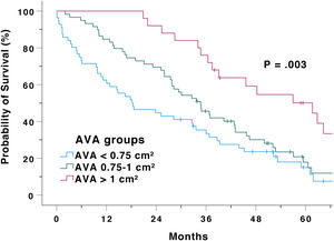 Mortality and/or AVR survival curves according to AVA group. AVA: aortic valve area.