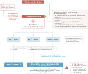 Paciente con IC e hipomagnesemia. Recomendaciones de diagnóstico y tratamiento. Ca: calcio; IBP: inhibidores de la bomba de protones; IC: insuficiencia cardiaca; I.V: intravenoso; K: potasio; Mg: magnesio; Na: sodio; P: fósforo; TFG: tasa de filtrado glomerular; Tto.: tratamiento.