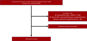 Flowchart of patients included in the study. HF, heart failure; LVEF, left ventricle ejection fraction; RVF, right ventricular function.