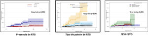 Incidencia acumulada de evento primario (muerte súbita/muerte súbita abortada) según presencia de RTG, tipo de patrón de RTG y fracción de eyección biventricular. FEVD: fracción de eyección del ventrículo derecho; FEVI: fracción de eyección del ventrículo izquierdo; RTG: realce tardío de gadolinio.
