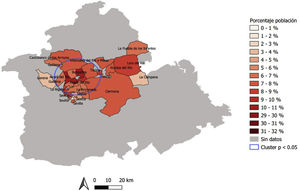 Porcentaje de población con valores de triglicéridos superiores 150 mg/dl por códigos postales en la provincia de Sevilla.