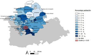 Porcentaje de población con valores de colesterol unido a lipoproteínas de baja densidad (cLDL) superiores a 190 mg/dl por códigos postales en la provincia de Sevilla.