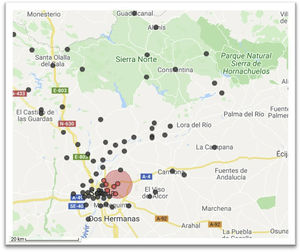 Clústeres de agrupación para valores de colesterol unido a lipoproteínas de baja densidad (cLDL) superiores a 190 mg/dl por códigos postales en la provincia de Sevilla.