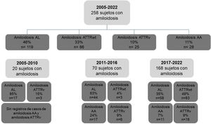 Figura central. Casos totales de amiloidosis y subtipo durante el periodo de estudio y en los subperiodos. AA: proteina sérica A; AL: cadenas ligeras de inmunoglobulinas; ATTRv: transtiretina de tipo variante; ATTRwt: transtiretina de tipo salvaje.