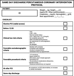 Institutional protocol of outpatient elective percutaneous coronary intervention. CCS, chronic coronary syndrome; Cr, creatina; CrCl, creatine clearance; ECG, electrocardiogram; ID, identification; INR, international normalized ratio; LVEF, left ventricular ejection fraction; PCI, percutaneous coronary intervention.