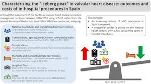Central illustration: compilation of findings and results. ICD-10, International Classification of Diseases 10th Revision; ICU, intensive care unit; VHD, valvular heart disease; RAE-CMBD, Registro de Atención Especializada – Conjunto Mínimo Básico de Datos.