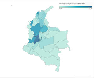Distribución geográfica de la prescripción de iPCSK9 por departamentos en Colombia entre 2019 y el 2021. Datos presentados según tasa de prescripción por 100.000 habitantes.