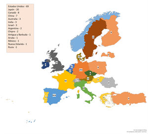 Mapa indicativo de los países de origen de las solicitudes de patentes concedidas en España.