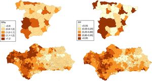Cáncer de pulmón en España y Andalucía (2013-2017). Distribución de los riesgos relativos suavizados (RRs) y probabilidades posteriores (PP) de tener un RRs>1 en hombres.