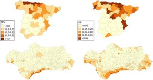 Cáncer de pulmón en España y Andalucía (2013-2017). Distribución de los riesgos relativos suavizados (RRs) y probabilidades posteriores (PP) de tener un RRs>1 en mujeres.