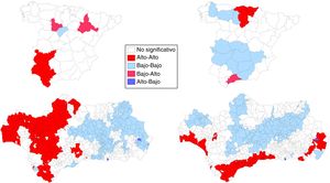 Cáncer de pulmón en España y Andalucía (2013-2017). LISA clúster en hombres y mujeres. Puede apreciarse esta figura a todo color únicamente en la versión electrónica del artículo.