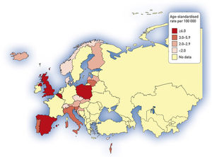 Tasa de ingreso hospitalario por bronquiectasias (tasa estandarizada por edad por 100.000 habitantes). Datos de la Base de datos de morbilidad hospitalaria de la Organización Mundial de la Salud, actualización de octubre de 2011, y Eurostat, actualización de marzo de 2012. No se muestran datos para los siguientes países donde las bronquiectasias se informan en combinación con la enfermedad pulmonar obstructiva crónica: Alemania, Francia, Hungría, Irlanda, Macedonia, Países Bajos, Rumania, Suecia y Turquía.