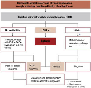 Diagnostic algorithm for asthma in children. Positive bronchodilation test (BDT): increase of FEV1 >12% as compared with base.