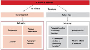 Domains and risk factors that determine the degree of asthma control. *Evaluate risk factors.