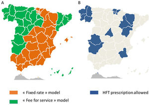(A) Type of financing model for Home Respiratory Therapies in Spain (orange: fixed price, green: fee for service model). (B) Areas where the high-flow therapy is already introduced.