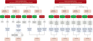 Algorithms for the therapeutic management of patients with severe asthma and CRSwNP. This scheme is assumed once the patient is under optimal treatment according to GEMA 5.3 and POLINA 2.0 guidelines. ESS with sinus opening according to POLINA 2.0 guideline. CRSwNP: chronic rhinosinusitis with nasal polyps; ESS: endoscopic sinus surgery; INCS: intranasal corticosteroids; NP: nasal polyps.