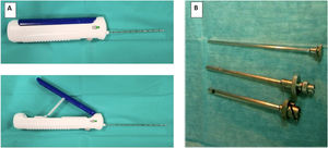 Two type of needle closed pleural biopsy. (A) Abram