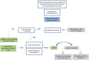 Management approach in MPE. IPC, indwelling pleural catheter; MPE, malignant pleural effusion; PE, pleural effusion. *Pleural manometry can be useful in the diagnosis of trapped lung. **It is enough that one of the two answers is negative.