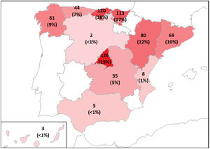 Distribución del número de pacientes con servoventilación adaptativa (ASV) según los centros participantes en el estudio.