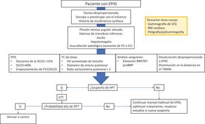 Algoritmo de cribado en hipertensión pulmonar-enfermedad pulmonar intersticial difusa. BNP: péptido natriurético cerebral; DLCO: difusión de monóxido de carbono; ETT: ecocardiograma transtorácico; NT-proBNP: fracción N-terminal de propétido natriurético cerebral; PFR: pruebas de función respiratoria; RM: resonancia magnética; TC: tomografía computarizada; TM6M: test de la marcha de 6 minutos; V/Q: ventilación/perfusión.
