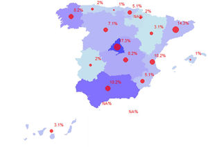 Geographical representation of the availability of severe asthma units (red dots and percentage) and the location of questionnaire respondents (blue gradient as follows: Andalucia: 20.63%; Asturias: 3.7%; Islas Canarias: 4.23%; Cantabria: 2.12%; Castilla La Mancha: 11.64%; Castilla y León: 6.88%; Cataluña: 6.88%; Ceuta: 1.59%; Valencia: 4.76%; Extremadura: 0.53%; Galicia: 10.05%; Islas Baleares: 2.12%; La Rioja: 0.53; Madrid: 15.87%; Murcia: 4.23%; Navarra: 0.53%; País Vasco 3.7%).